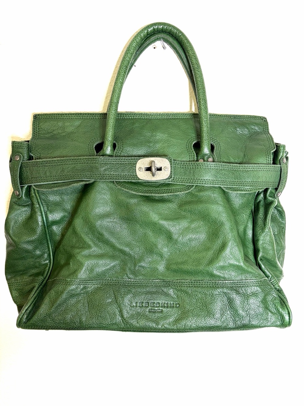 Liebeskind Green Leather Satchel Tote office work large twist buckle flap